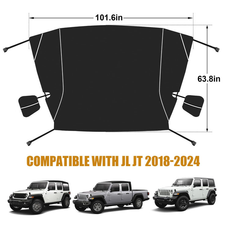 600D Oxford Fabric Windshield Ice Snow Frost Cover with Side Mirror Cover and Reflective Strips (18-24 Jeep Wrangler JL JLU & 20-24 Jeep Gladiator JT)