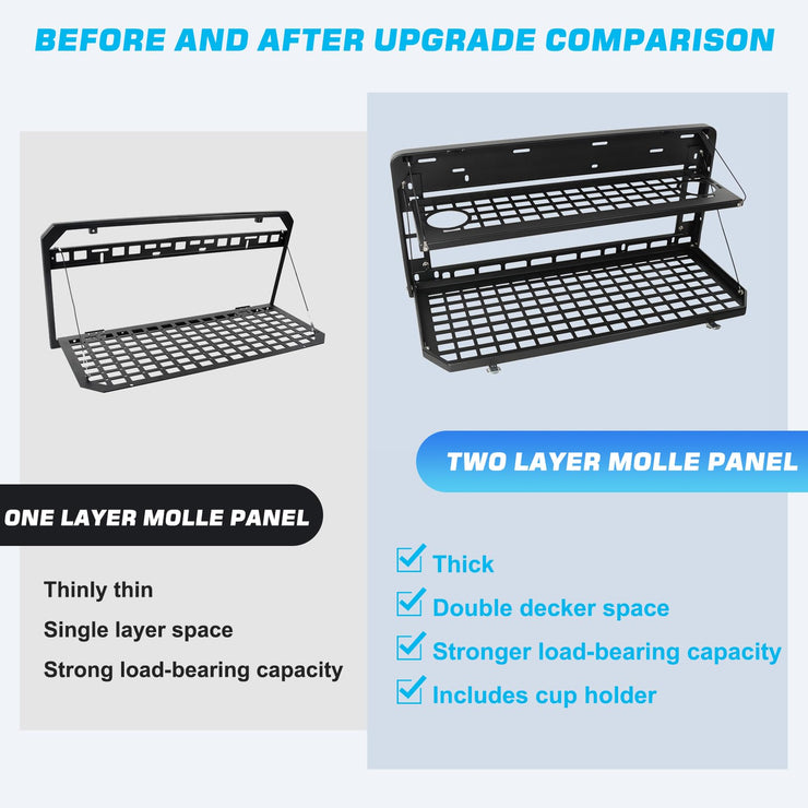 Metal Tailgate Tactical Molle Panel Double Layer Tailgate Table Foldable Rear Cargo Shelf (07-22 Jeep Wrangler JK JKU & 18-22 JL JLU)