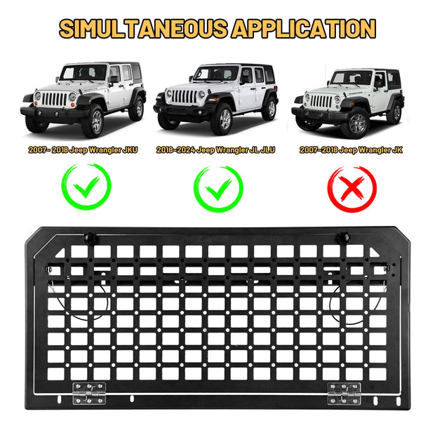 Tailgate Table Rear Storage Cargo Rack Compatible with 2017-2024 Jeep Wrangler JKU &JL JLU Foldable Storage Shelf MOLLE Panel with 3 Storage Bags(Not fit with Low Speaker JK Models)