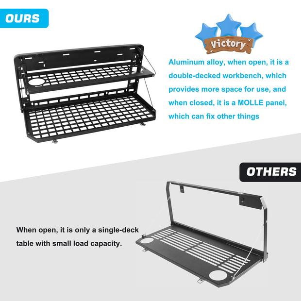 Metal Tailgate Tactical Molle Panel,Double Layer Tailgate Table Foldable Rear Cargo Shelf Compatible with Jeep Wrangler 2007-2018 JK JKU & 2018-2022 JL JLU