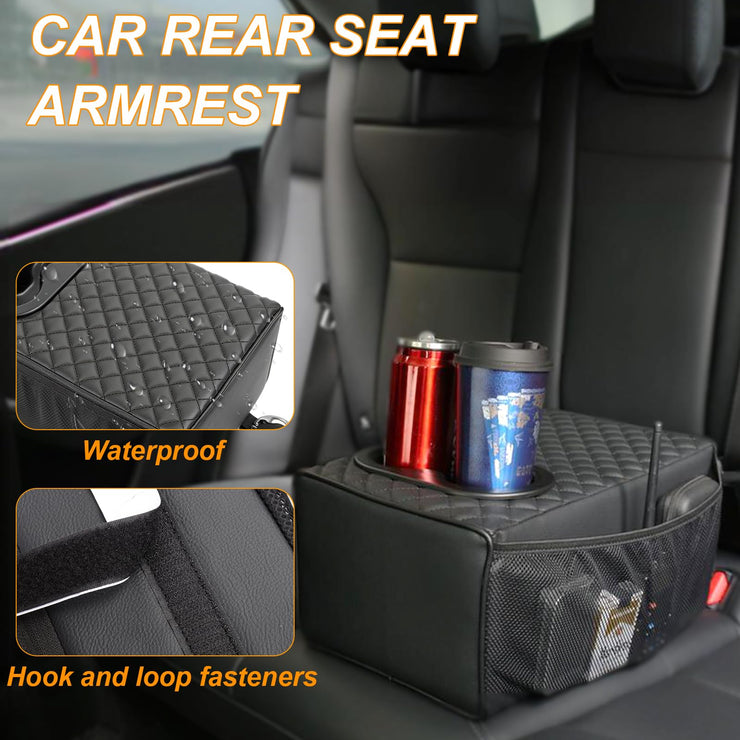 Universal Car Rear Seat Armrest 2 Row Console Box with Cup Holder Backseat Arm Rest Console Box Second Row Rear Central Armrest Box(Black-Double Pockets)