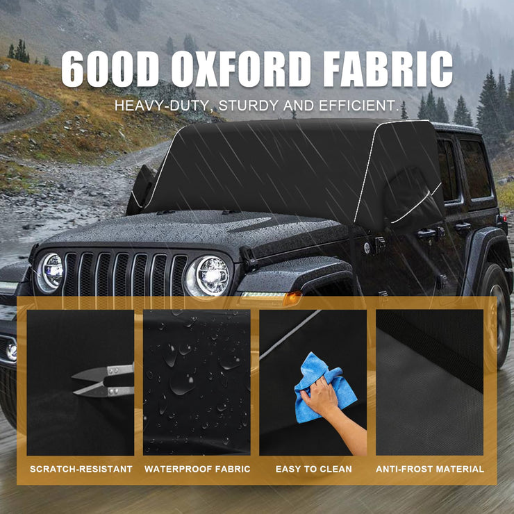 600D Oxford Fabric Windshield Ice Snow Frost Cover with Side Mirror Cover and Reflective Strips (18-24 Jeep Wrangler JL JLU & 20-24 Jeep Gladiator JT)