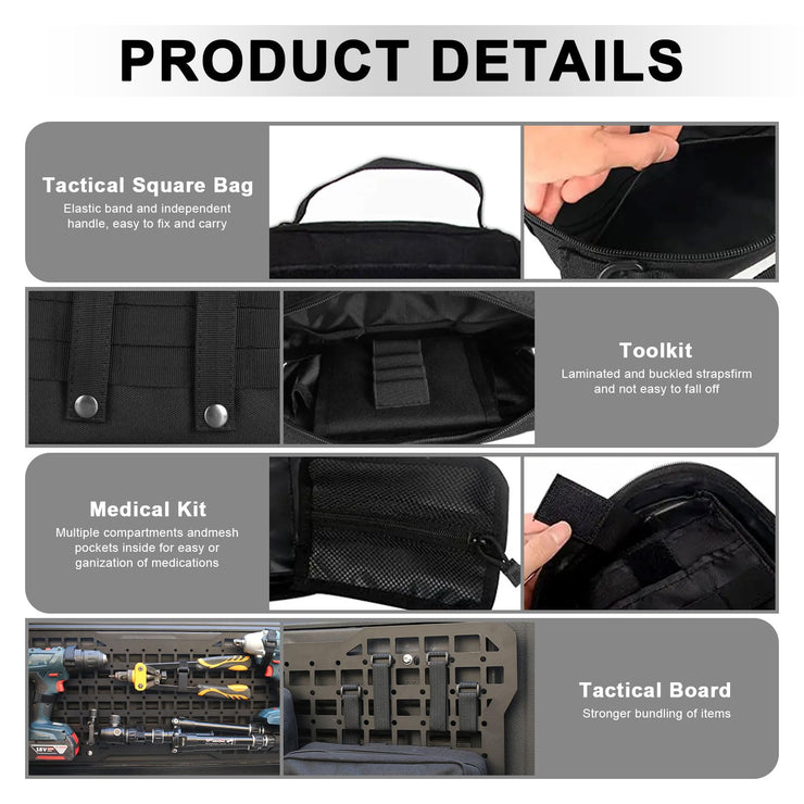 Aluminum Tailgate Tactical Panel Rear Door Cargo Organizer Kit Molle Panel with 3 Moll Pouch (Jeep Wrangler 07-18 JK JKU & 18-24 JL JLU)