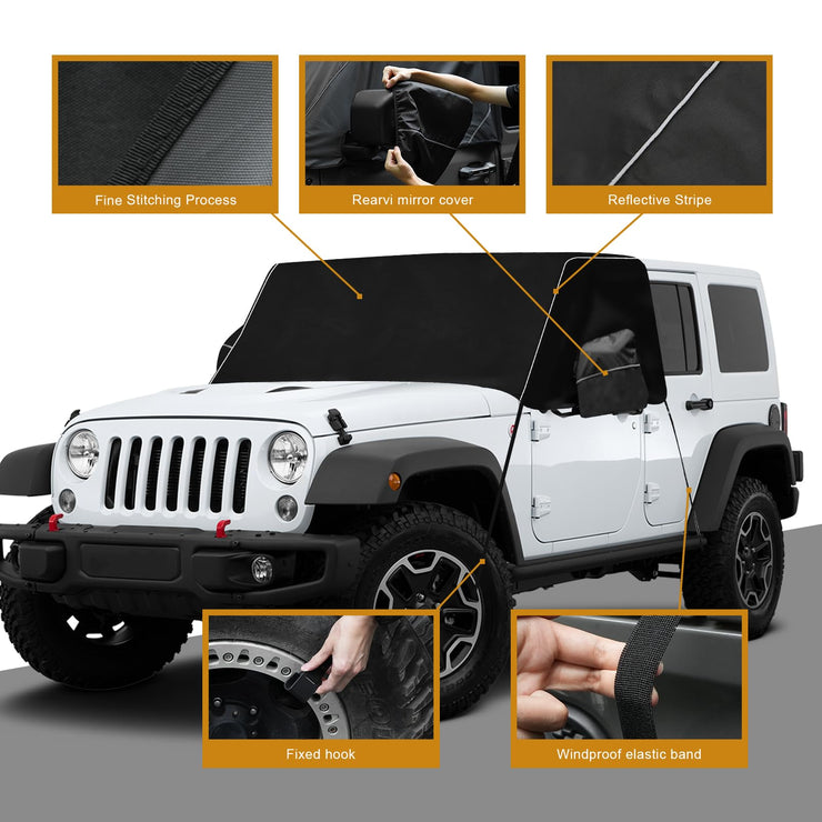 600D Oxford Fabric Windshield Snow Frost Cover with Side Mirror Cover and Reflective Strips (07-2018 Jeep Wrangler JK)