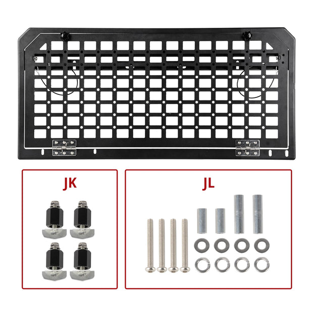 Aluminium Alloy Tailgate Tactical Molle Panel,JK & JL Tailgate Table Foldable Rear Cargo Shelf Compatible with Jeep Wrangler 2007-2018 JK JKU & 2018-2022 JL JLU