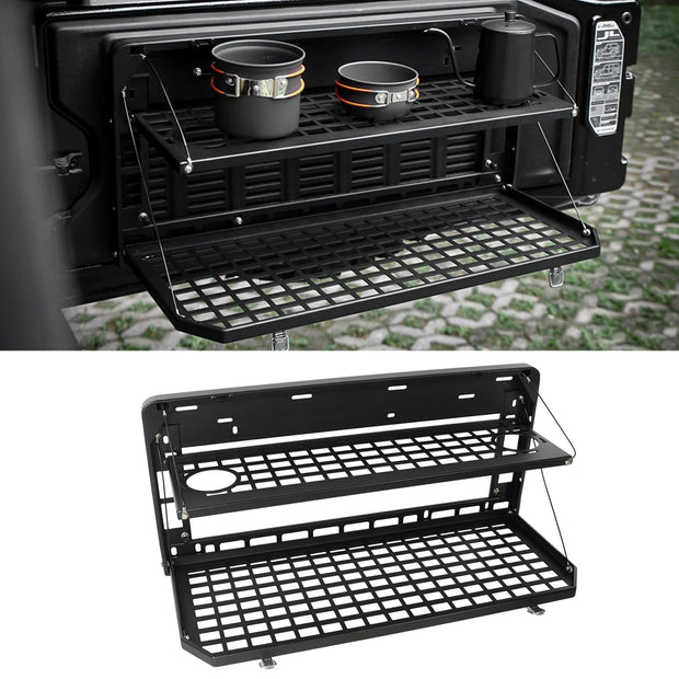 Metal Tailgate Tactical Molle Panel,Double Layer Tailgate Table Foldable Rear Cargo Shelf Compatible with Jeep Wrangler 2007-2018 JK JKU & 2018-2022 JL JLU