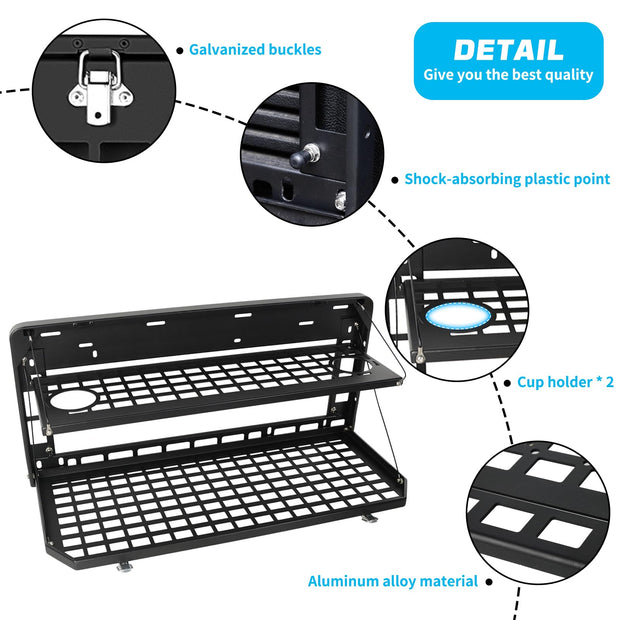 Metal Tailgate Tactical Molle Panel,Double Layer Tailgate Table Foldable Rear Cargo Shelf Compatible with Jeep Wrangler 2007-2018 JK JKU & 2018-2022 JL JLU