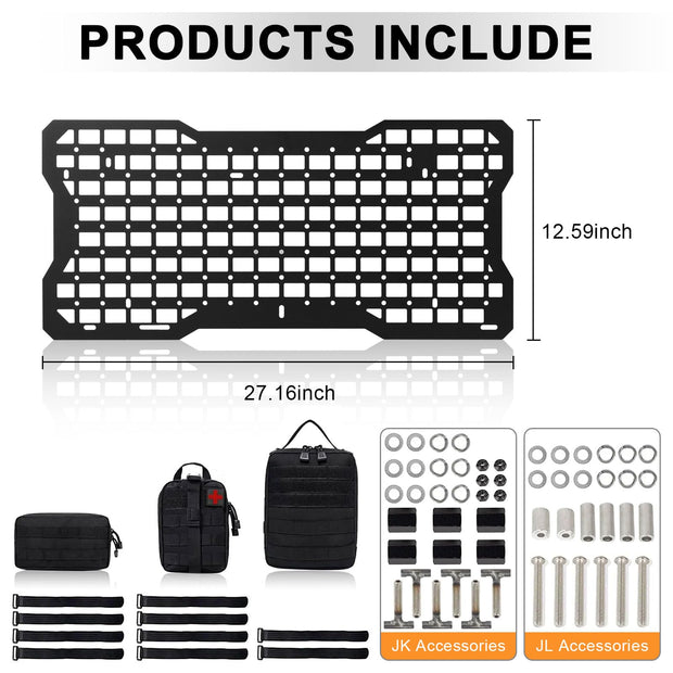 Aluminum Tailgate Tactical Panel Rear Door Cargo Organizer Kit Molle Panel with 3 Moll Pouch (Jeep Wrangler 07-18 JK JKU & 18-24 JL JLU)