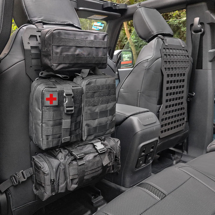 2pcs Tactical Rigid Molle Aluminum Insert Panel Seat Back Organizer Modular Platform with 4 Storage Bags and 10 Fastening Tape (21-23 Ford Bronco Accessories)