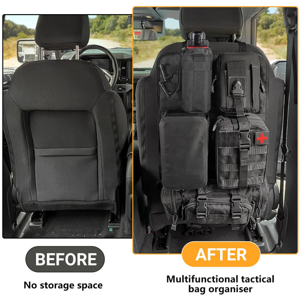 Molle Seat Back Organizer Full Webbing Pad with 1 Outdoor Water Bottle Bag & Waterproof Bag Universal Tactical Car Back Seat Organizer 3-piece Vehicle Organizers Storage Bag with Multi-Pocket