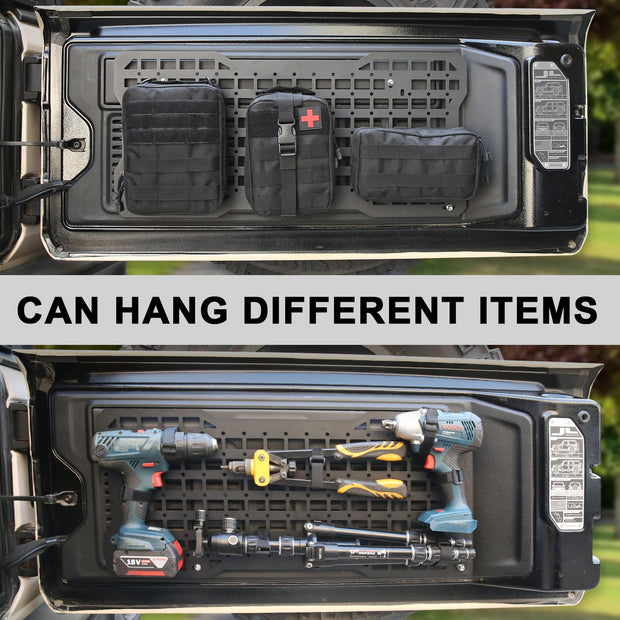 Aluminum Tailgate Tactical Panel Rear Door Cargo Organizer Kit Molle Panel with 3 Moll Pouch (Jeep Wrangler 07-18 JK JKU & 18-24 JL JLU)