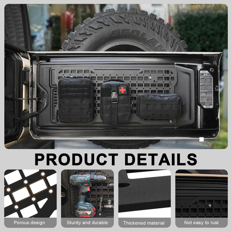 Aluminum Tailgate Tactical Panel Rear Door Cargo Organizer Kit Molle Panel with 3 Moll Pouch (Jeep Wrangler 07-18 JK JKU & 18-24 JL JLU)