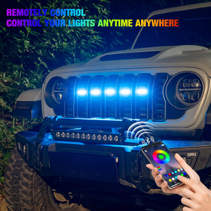 5PCS RGB Exterior Grill Lights Remote APP Control Adjustable Atmosphere Lights(24-25 Jeep Wrangler JL JLU JT)