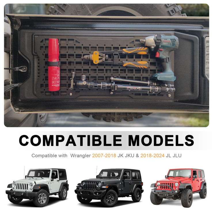 Aluminum Tailgate Tactical Panel Rear Door Cargo Organizer Kit Molle Panel with 3 Moll Pouch (Jeep Wrangler 07-18 JK JKU & 18-24 JL JLU)