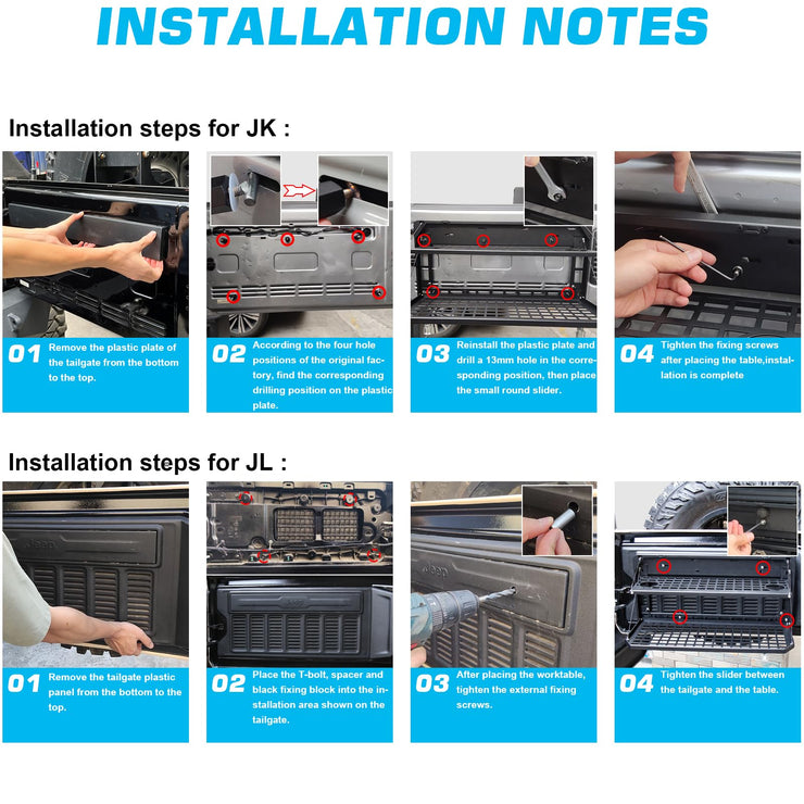 Metal Tailgate Tactical Molle Panel Double Layer Tailgate Table Foldable Rear Cargo Shelf (07-22 Jeep Wrangler JK JKU & 18-22 JL JLU)