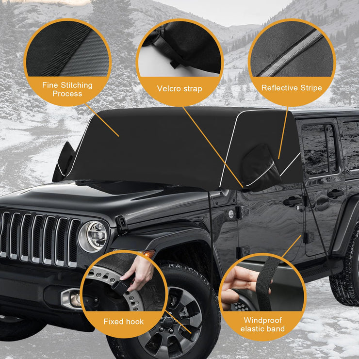 600D Oxford Fabric Windshield Ice Snow Frost Cover with Side Mirror Cover and Reflective Strips (18-24 Jeep Wrangler JL JLU & 20-24 Jeep Gladiator JT)