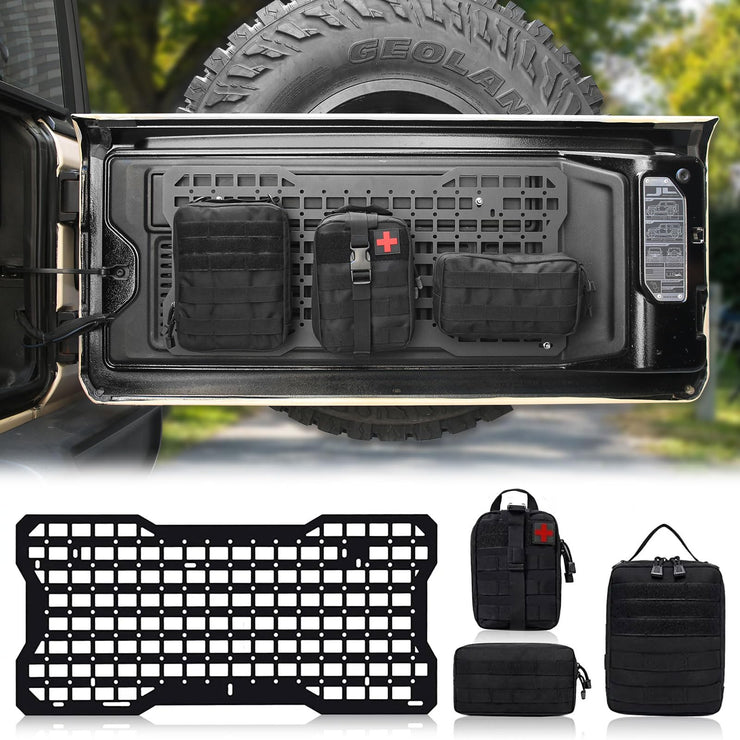 Aluminum Tailgate Tactical Panel Rear Door Cargo Organizer Kit Molle Panel with 3 Moll Pouch (Jeep Wrangler 07-18 JK JKU & 18-24 JL JLU)