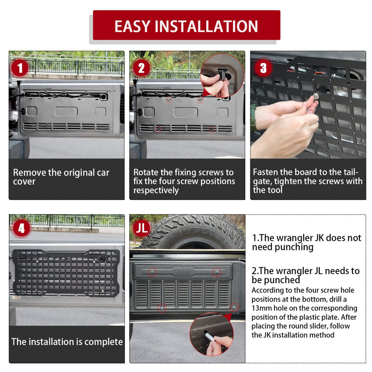 Tailgate Tactical Panel for Wrangler Tailgate Tool Kit/JL Organizer Racks Compatible with Jeep Wrangler 2007-2022 JK JKU & 2018-2022 JL JLU (1 PCS,Aluminum Alloy)