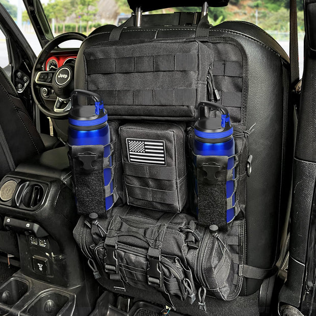 MAIKER Molle Seat Back Organizer Full Webbing Pad with 2-piece Water Bottle Bags Universal Tactical Car Back Seat Organizer Bag 3-piece Vehicle Organizers Panel Storage Bag with Multi-Pocket