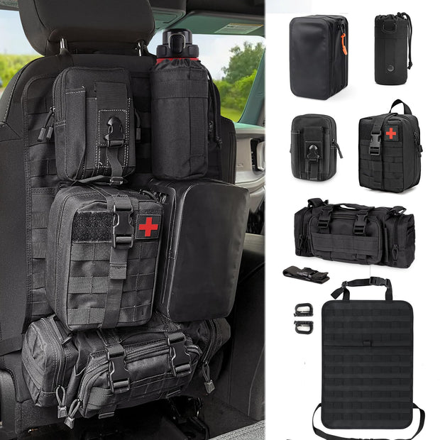 Molle Seat Back Organizer Full Webbing Pad with 1 Outdoor Water Bottle Bag & Waterproof Bag Universal Tactical Car Back Seat Organizer 3-piece Vehicle Organizers Storage Bag with Multi-Pocket