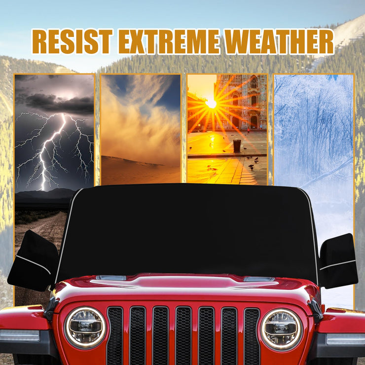 600D Oxford Fabric Windshield Ice Snow Frost Cover with Side Mirror Cover and Reflective Strips (18-24 Jeep Wrangler JL JLU & 20-24 Jeep Gladiator JT)