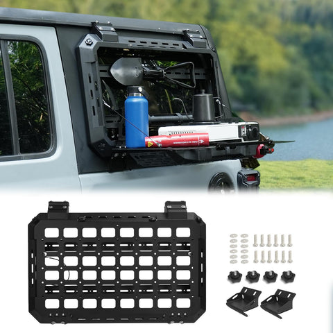 Multifunctional Rear Window Storage Panel Kit Openable Panel-left and right installation Compatible with 2018-2024 Jeep Wrangler JL JLU /Ford Bronco 2021-2024 4-Door Hardtop Tactical Modular Storage Platform for Tools Molle Accessories