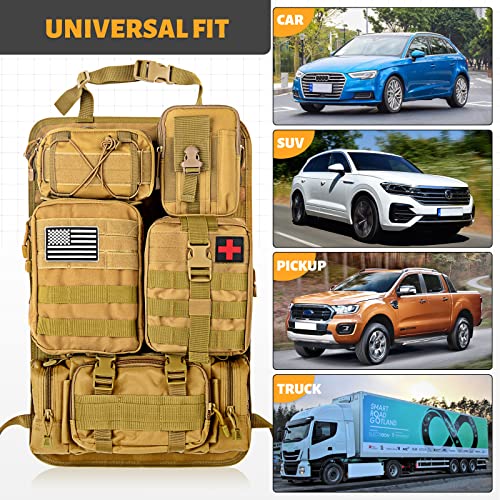 Universal Tactical Seat Back Organizer Vehicle Molle Panel Organizer Storage Bag with 5 Detachable Molle Pouch, Khaki