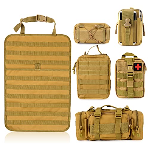 Universal Tactical Seat Back Organizer Vehicle Molle Panel Organizer Storage Bag with 5 Detachable Molle Pouch, Khaki