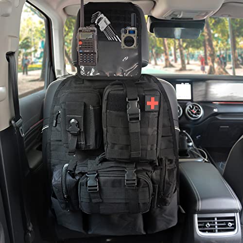 Universal Tactical Vehicle Seat Back Organizer with 3 Detachable Molle Pouch Medical Pouch, Tool Pouch, Large Admin Pouch Vehicle Panel Organizer Storage Bag for All Vehicle