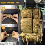 Universal Tactical Seat Back Organizer Vehicle Molle Panel Organizer Storage Bag with 5 Detachable Molle Pouch, Khaki