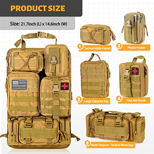 Universal Tactical Seat Back Organizer Vehicle Molle Panel Organizer Storage Bag with 5 Detachable Molle Pouch, Khaki